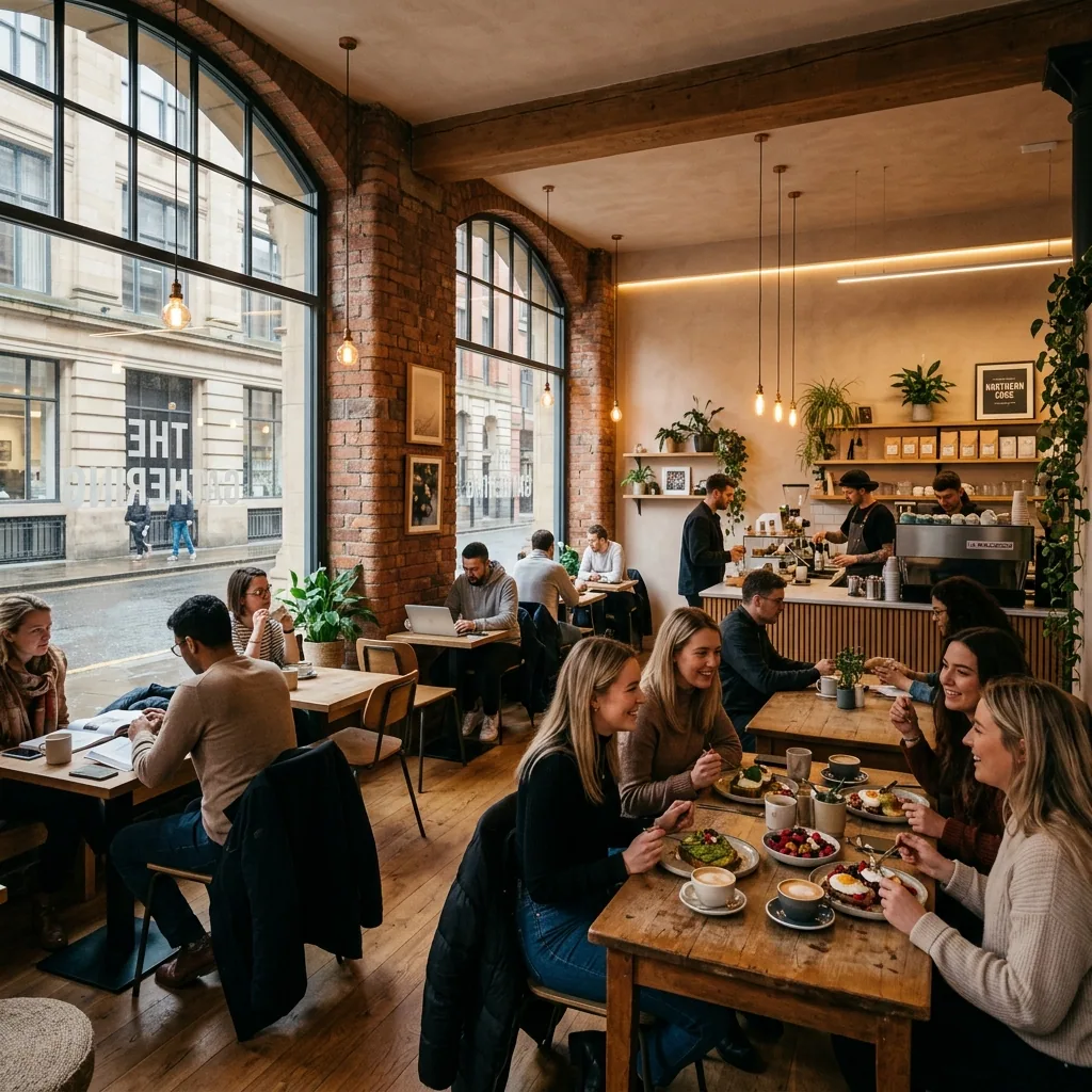 Guests enjoying coffee and brunch in a modern cafe