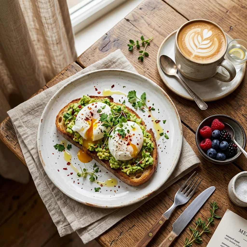 Seasonal brunch plate served on a wooden table