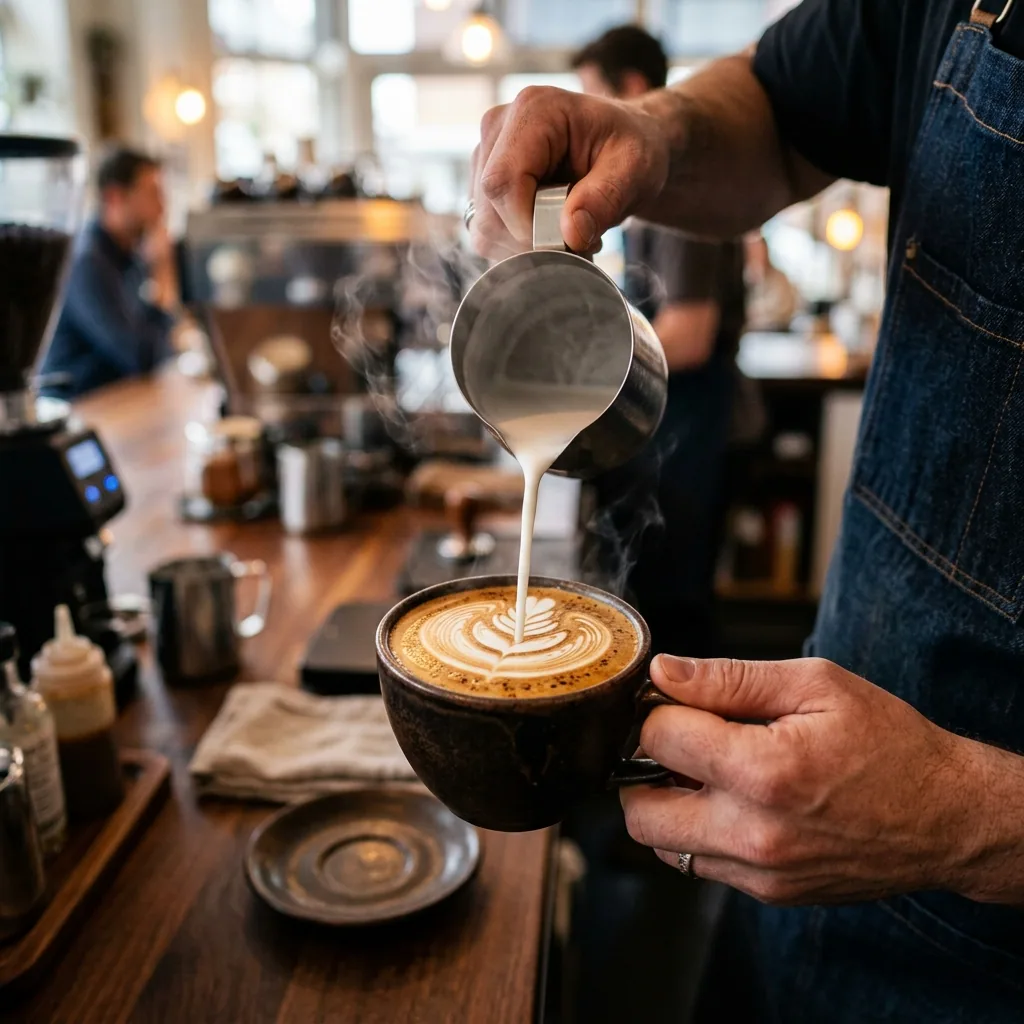 Barista pouring latte art in a ceramic cup